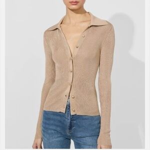 NWT Alice + Olivia Nealie Ribbed Polo Sweater Women's Beige Long Sleeve XS